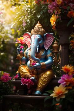 an elephant statue sitting in the middle of flowers