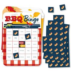 the bbq bingo board is next to several pieces of paper with bananas on it