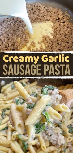 creamy garlic sausage pasta with spinach in a skillet