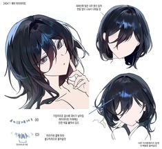 an anime character's hair is shown in three different angles, including the head and shoulders