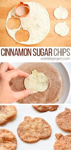 cinnamon sugar chips are being made on a cutting board and then put in the oven