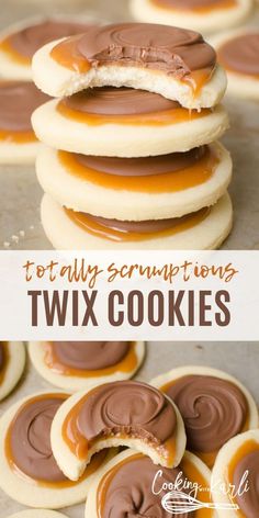 several cookies with peanut butter on them and the words, totally scrumpting twix cookies