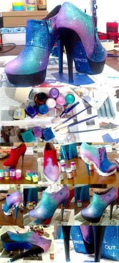 several images of colorful shoes with paint and brushes on the table in front of them