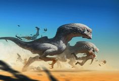 two large dinosaurs are running through the desert