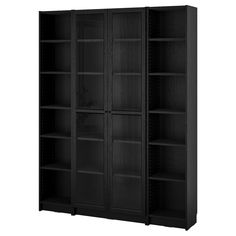 a black bookcase with four shelves and two doors on the front, one door open