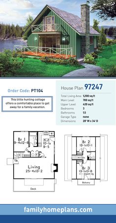 Cabin, Country, Southern, Traditional House Plan 97247 with 3 Beds, 2 Baths Hunting Cottage, Vacation House Plans, Wohne Im Tiny House, Simple Cottage, Cottage House Plan, Southern Traditional, Cabin Home, Haus Am See