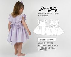 "This is a girls ruffle pinafore dress with a back bow PDF sewing pattern (instant download) with instructions. \"Tiny Dancer\" dress by DearBillyPatterns. This pattern includes 3 types of files: 1. A4/US letter file 2. Copy shop file 3. Projector file All patterns come with layers. Sizes included: 3mo-6mo-9mo-1Y-2Y-4Y-6Y-8Y-10Y. All sizes are included in your purchase. The pattern includes a booklet with detailed instructions with pictures. Printing Information: The file containing the pattern Couture, Girls Pinafore Dress Pattern Free, Diy Ruffle Dress, Pinafore Dress Pattern Free, Girls Pinafore Pattern, Children Sewing Patterns, Ruffle Dress Pattern, Kids Sewing Patterns, Ruffled Dress Pattern