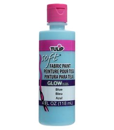 a bottle of blue paint with pink cap on the top and bottom, in front of a white background