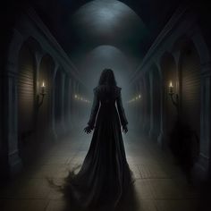 a woman in a long black dress walking down a dark hallway with two lights on