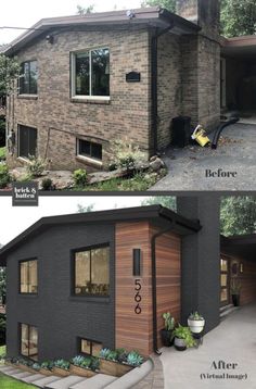 before and after photos of a brick house with wood siding on the outside, and in the inside