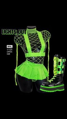 a woman in neon green outfit and high top sneakers with the words lights out on it