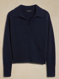 Luna Cashmere Sweater Polo | Banana Republic Dark Blue Sweater Outfit, Collar Sweater Outfit, Winter Outfits Inspiration, Polo Sweaters Women, Dark Blue Sweater, Collared Sweater, Sweater Polo, Johnny Collar, High Rise Style