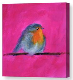 a painting of a bird sitting on a branch in front of a bright pink background