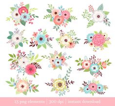 the floral clipart bundle includes flowers and leaves