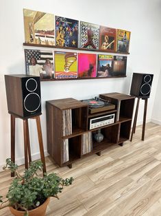 an entertainment center with speakers and records on the wall