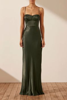 LA LUNE CORDED RUCHED MAXI DRESS - FOREST hover Forrest Green Bridesmaid Dresses, Forest Dresses, Olive Maxi Dress, Gathered Maxi Dress, Forest Dress, Asymmetrical Maxi Dress, Ruched Maxi Dress, Shona Joy, Green Bridesmaid