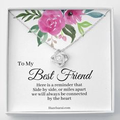 a white box with a pink flower on it and the words best friend written in black ink