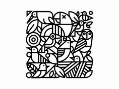 an abstract black and white drawing of birds, flowers, and plants in the shape of a letter e