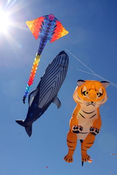 two kites flying in the sky with one being a tiger and another is a whale