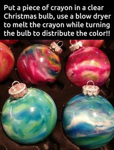 some colorful ornaments are in an egg carton