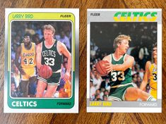 two basketball cards with the same player on each card, one in green and one in yellow