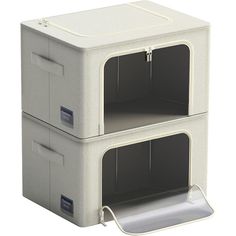 two large storage boxes are stacked on top of each other, one is open and the other is closed