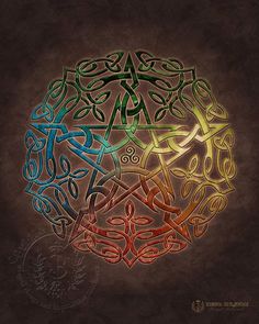 three different colored celtic symbols on a black background