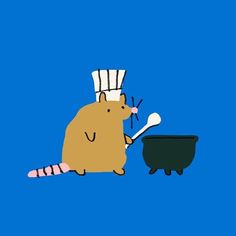 an animal with a chef's hat on its head is eating out of a black bowl