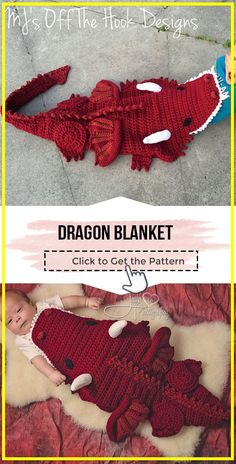 the crocheted dragon blanket is laying on the ground and next to it's baby