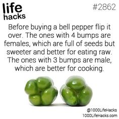 two green peppers sitting next to each other on top of a white background with the words life hacks
