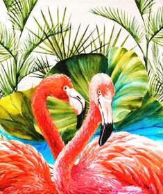 two flamingos are standing next to each other