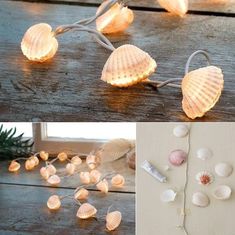 seashells and sea shells are strung on a string with lights in the shape of hearts