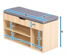 a wooden bench with measurements for the top and bottom section, including the seat cushion