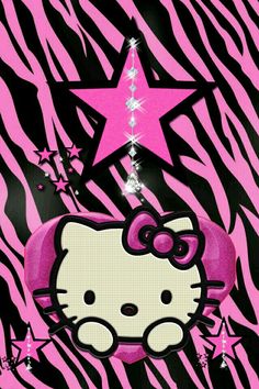 a hello kitty wallpaper with pink and black zebra stripes, stars and glitters