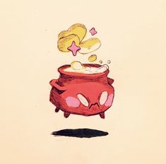 a drawing of a red pot with food coming out of it's top lid