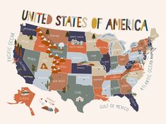 an illustrated map of the united states of america, with different colors and sizes on it