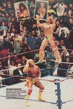 an ad for the wwf world wrestling championship featuring two wrestlers in mid - air, surrounded by spectators