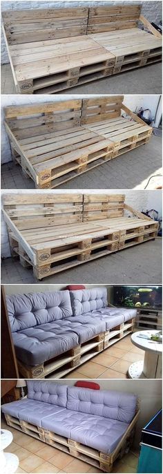 the pallet couch is made out of wood and has been placed on top of each other