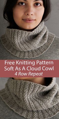 a woman wearing a knitted cowl with the text free knitting pattern soft as a cloud cowl