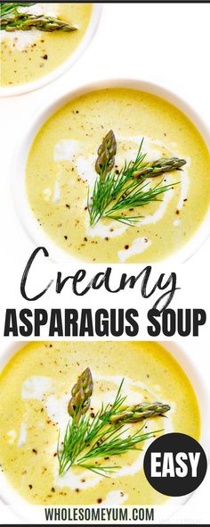 creamy asparagus soup in two white bowls with green sprigs on top