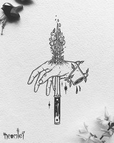 a drawing of a hand holding a knife with flowers on it and water drops coming out of the handle