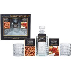 the whiskey lover's set includes four glasses, one with caramel pretzels