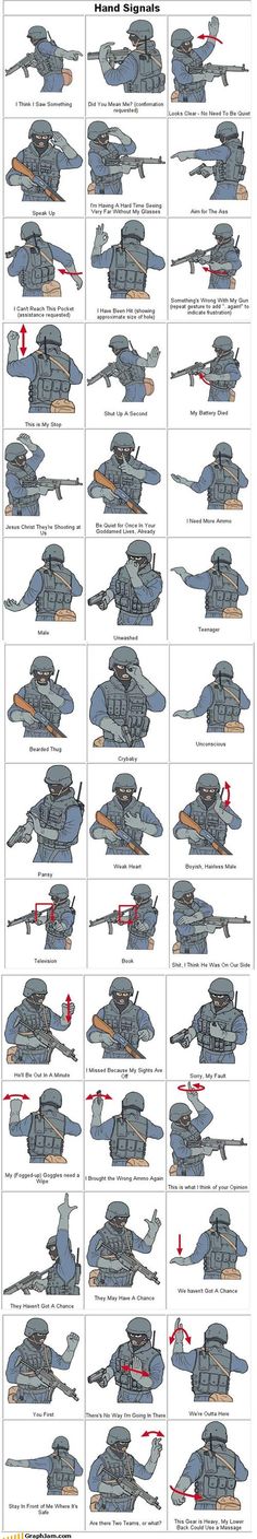 SWAT/Military hand signals Cqb Tactics, Echipament Tactic, Funny Army, Drill Sergeant, Military Signs, Swat Team, Hand Signals, Army Jokes, Basic Training