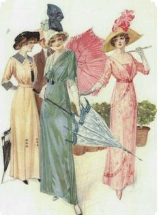 three women in dresses with umbrellas and hats on the cover of an old fashion magazine