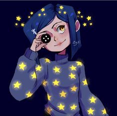 a girl with blue hair and stars on her body is looking through a magnifying glass