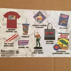 the back of a cardboard box with an assortment of comic related items and stickers on it