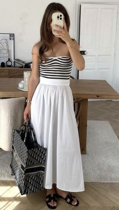 Paris in Summer Outfits to Recreate, paris outfit ideas, classy outfits, old money outfits, chic outfits, black dress, red ballet flats, striped sweater, white dress, black dress