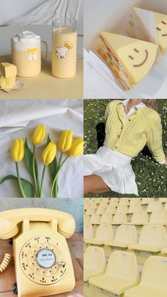 a collage of photos with yellow flowers and an old fashioned telephone, cake, coffee mugs, and other items