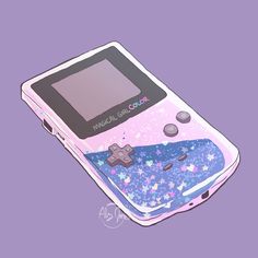 an old nintendo gameboy is shown on a purple background, with stars and confetti all over it