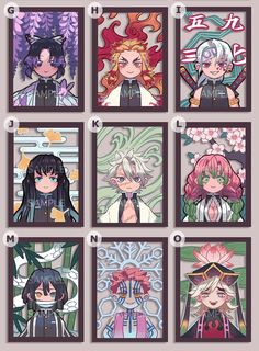 six anime character posters with different colors and designs on the front, one is black